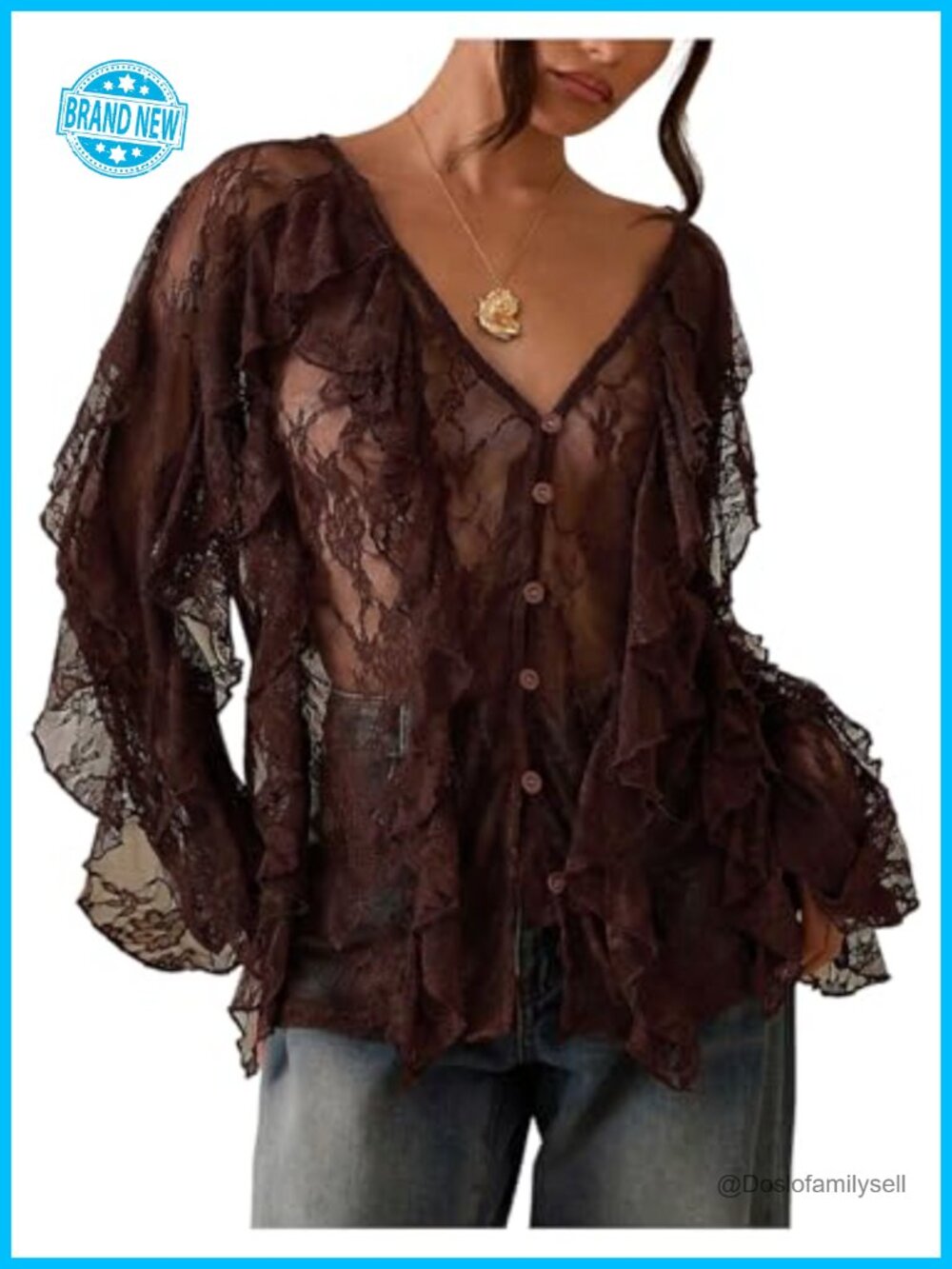Sheer Mesh Lace Ruffle Blouse V-Neck Long Sleeve Button Down Top
